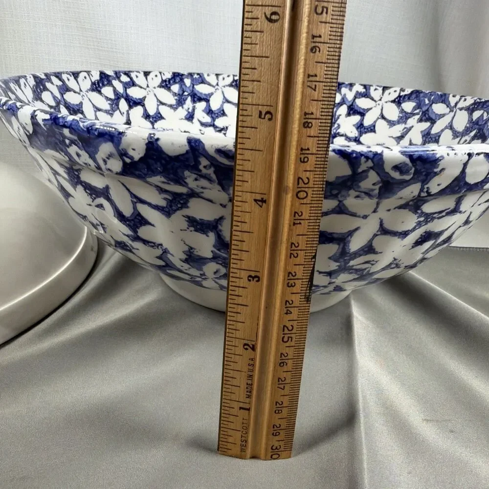 Vintage Pier 1 Italy Hand Painted Blue White Floral Serving Bowls 12
